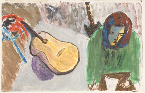 girl, drawing, with guitar